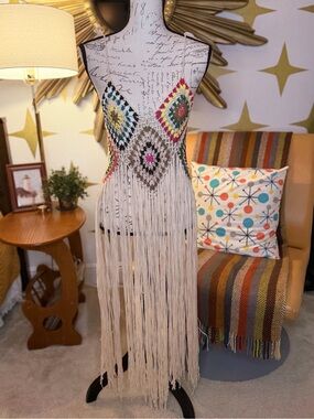 Boho Crochet Long Fringe Maxi Dress/Top in Cream with Multicolor Accents